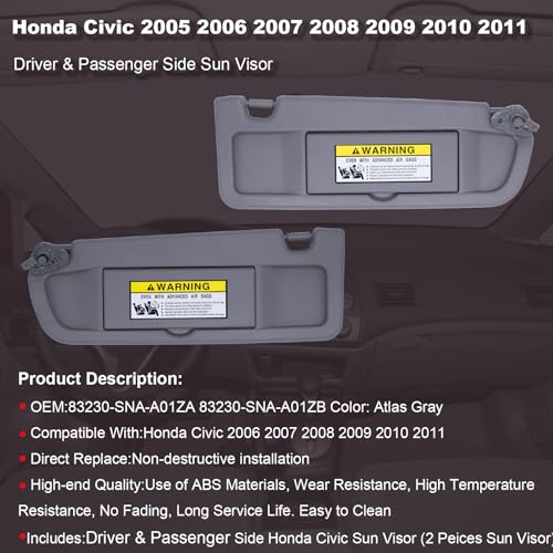 NHILES Atlas Gray Left &Right Side Sun Visor Compatible with Honda Civic 2006 2007 2008 2009 2010 2011 Replaces# 83230-SNA-A01ZA 83230-SNA-A01ZB - Image 2
