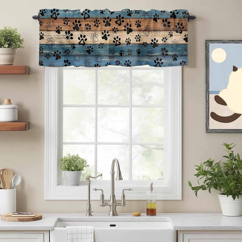 Navy Blue Brown Valances for Windows, Short Curtains for Kitchen/Bathroom, Rustic Farmhouse Dog Paw Vintage Rod Pocket Window Treatment for Living Room/Doorway/Bedroom/Cafe Decor Panel 60"x18" - Image 2