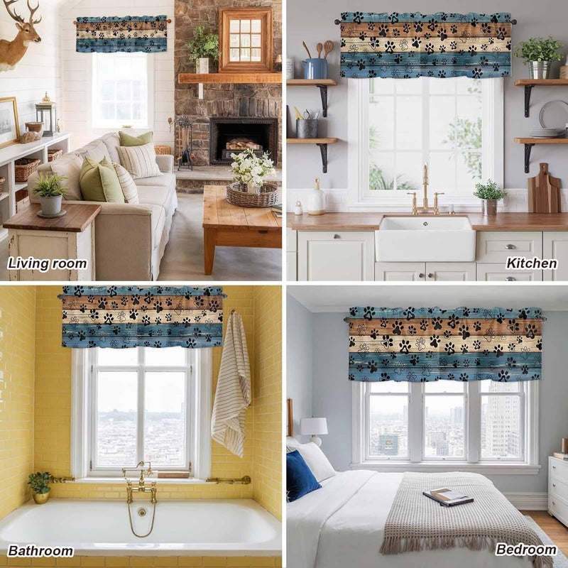 Navy Blue Brown Valances for Windows, Short Curtains for Kitchen/Bathroom, Rustic Farmhouse Dog Paw Vintage Rod Pocket Window Treatment for Living Room/Doorway/Bedroom/Cafe Decor Panel 60"x18" - Image 5