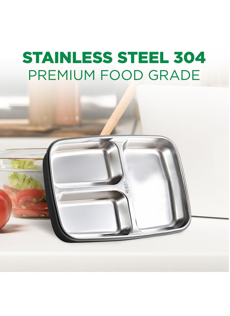 AC&L AC&L 1000ml Stainless Steel Lunch Box, Bento Box with 3 Compartment for Kids and Adults, Skid-proof Silicone with Tableware Set and Insulated Lunch Bag, Dishwasher & Microwave Safe (Black)  - Image 4