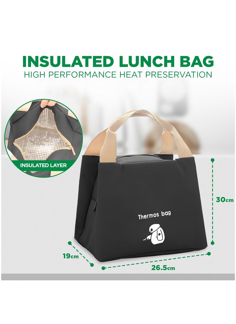 AC&L AC&L 1000ml Stainless Steel Lunch Box, Bento Box with 3 Compartment for Kids and Adults, Skid-proof Silicone with Tableware Set and Insulated Lunch Bag, Dishwasher & Microwave Safe (Black)  - Image 3