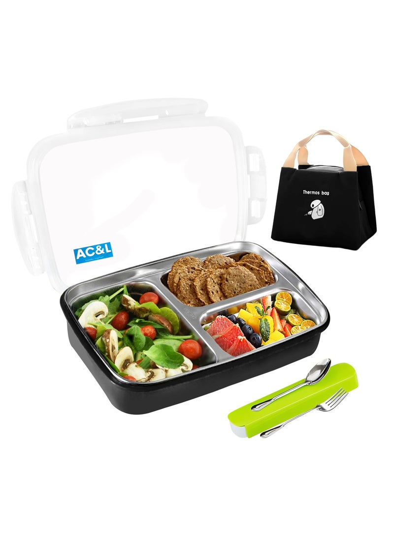 AC&L AC&L 1000ml Stainless Steel Lunch Box, Bento Box with 3 Compartment for Kids and Adults, Skid-proof Silicone with Tableware Set and Insulated Lunch Bag, Dishwasher & Microwave Safe (Black)  - Image 1