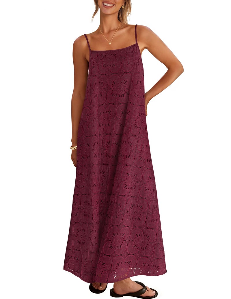 MEROKEETY Women's Summer Spaghetti Straps Sundress 2026 Casual Sleeveless Floral Lace Eyelet Boho Beach Maxi Dress, Wine, Small - Image 1