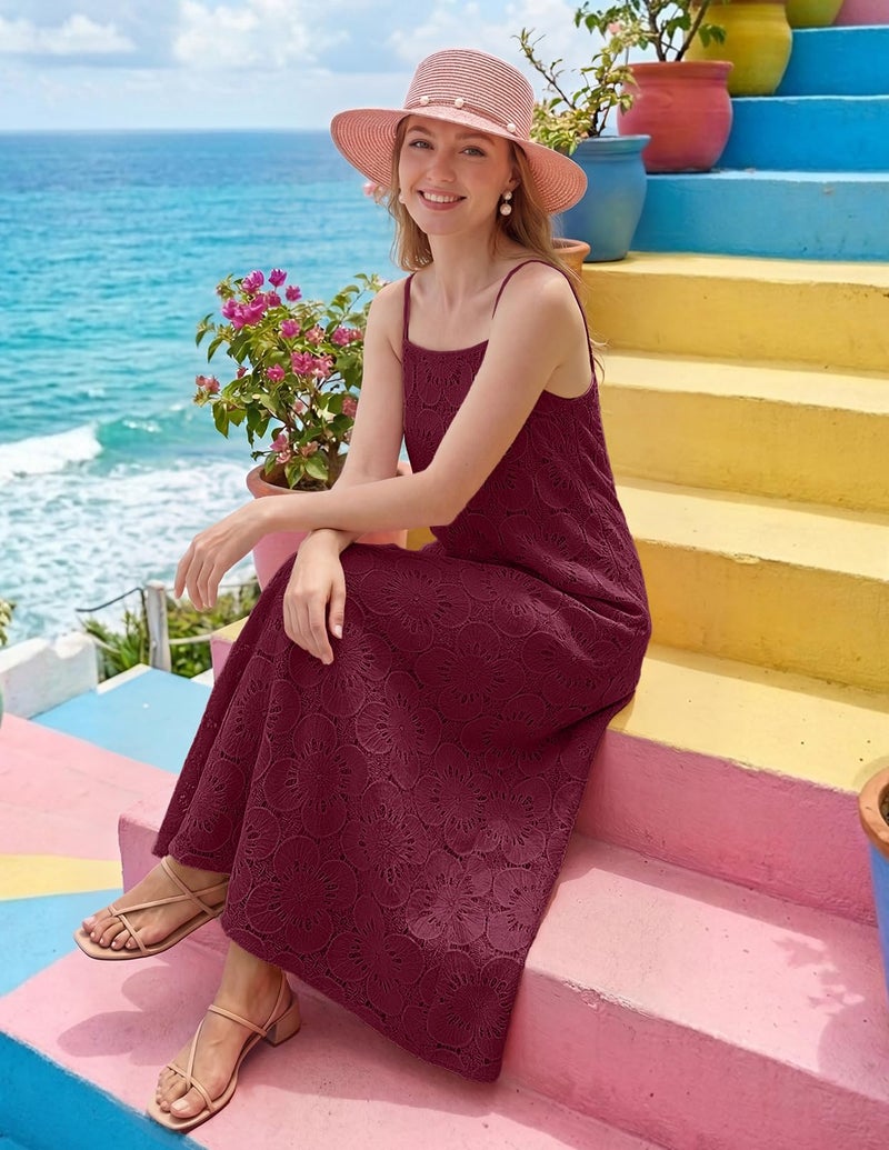 MEROKEETY Women's Summer Spaghetti Straps Sundress 2026 Casual Sleeveless Floral Lace Eyelet Boho Beach Maxi Dress, Wine, Small - Image 5