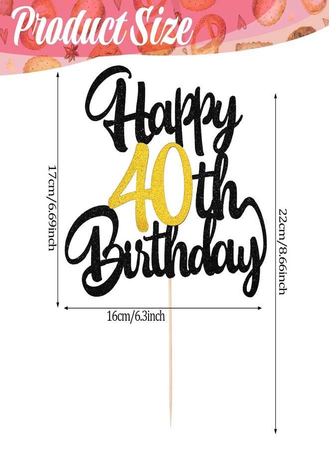 Skrfren 1 PCS Happy 40th Birthday Cake Topper, Black and Gold Glitter Cheers to 40 Years Cake Pick, 40 Fabulous Cakes Decoration for 40th Birthday Party Supplies for Women Men Anniversary - Image 2