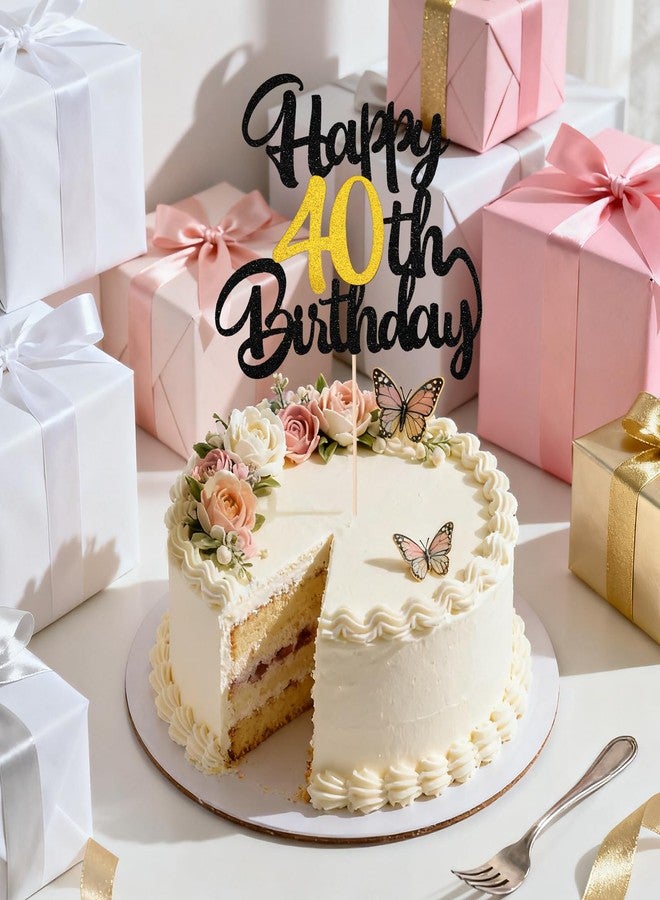 Skrfren 1 PCS Happy 40th Birthday Cake Topper, Black and Gold Glitter Cheers to 40 Years Cake Pick, 40 Fabulous Cakes Decoration for 40th Birthday Party Supplies for Women Men Anniversary - Image 3
