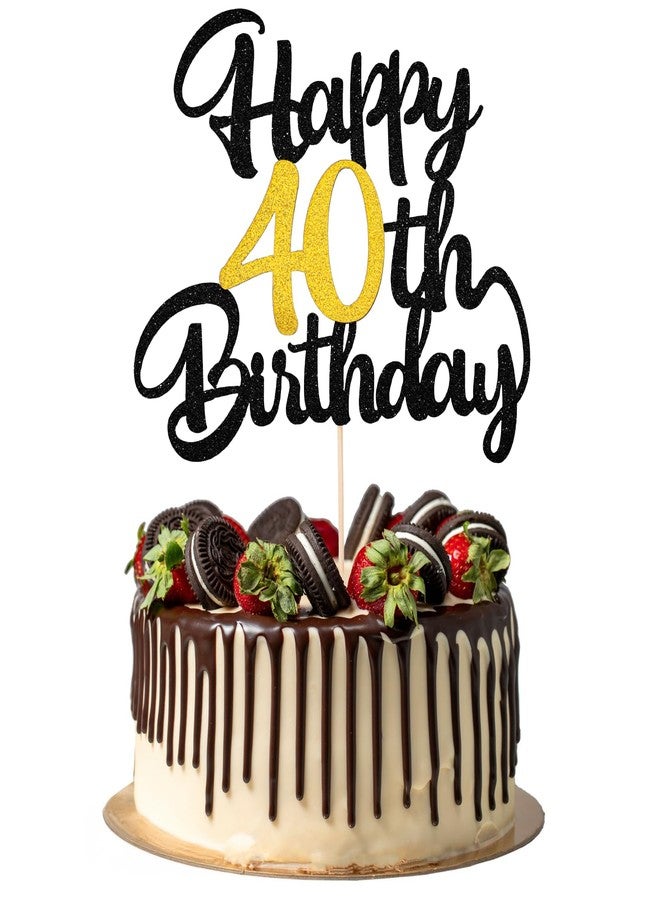 Skrfren 1 PCS Happy 40th Birthday Cake Topper, Black and Gold Glitter Cheers to 40 Years Cake Pick, 40 Fabulous Cakes Decoration for 40th Birthday Party Supplies for Women Men Anniversary - Image 1