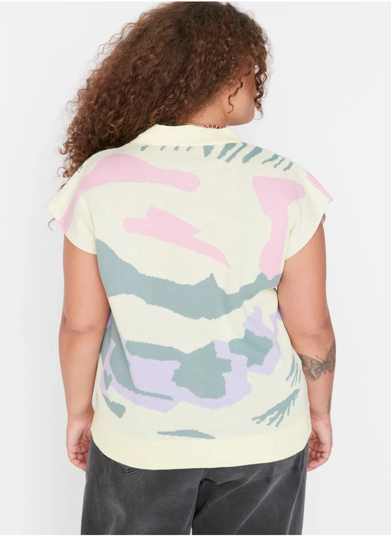 Trendyol Curve Printed V-Neck Sweater
