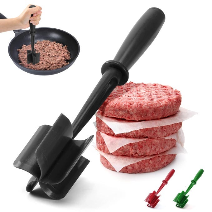 PREMIUM MEAT CHOPPER FOR GROUND BEEF HEAT RESISTANT MEAT MASHER KITCHEN TOOLS GADGETS DURABLE GROUND BEEF SMASHER NON STICK HAMBURGER CHOPPER COOK GROUND MEAT WITH EASEBLACK