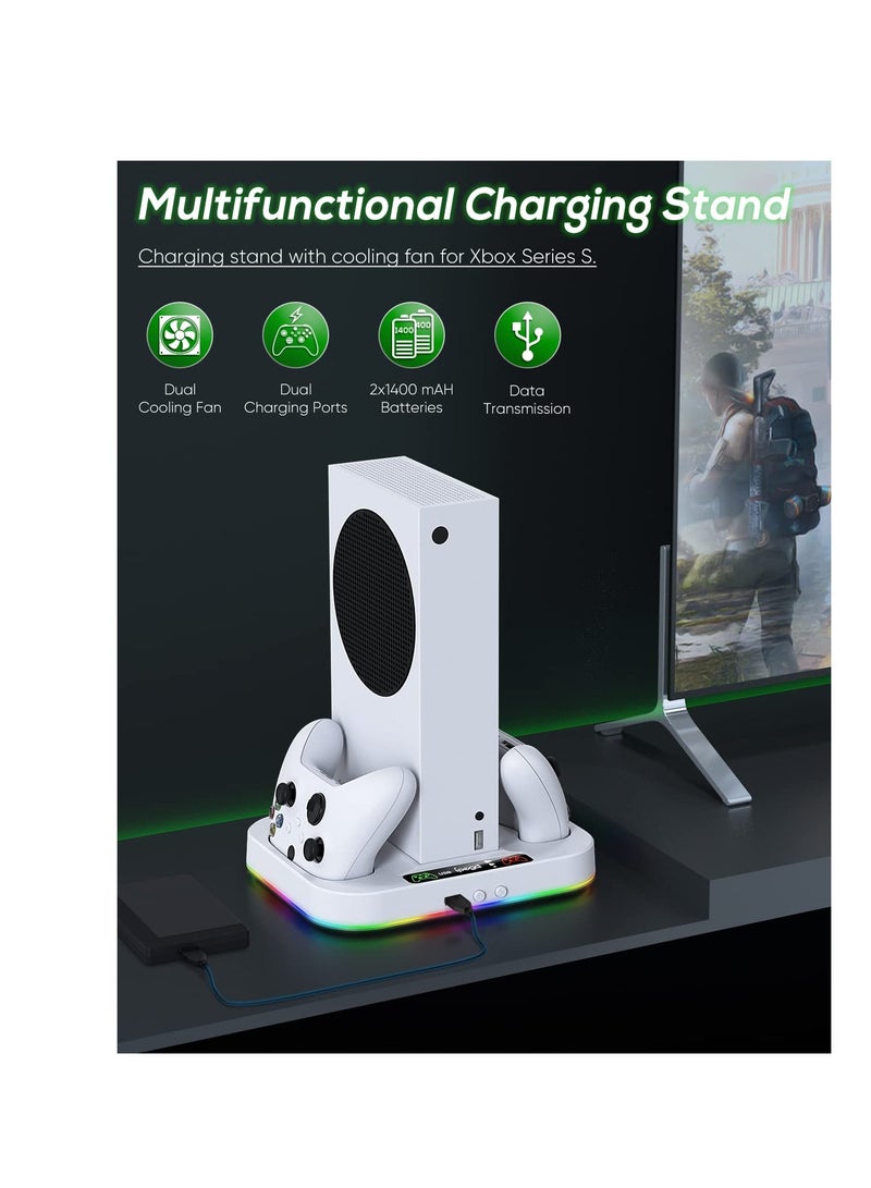 KASTWAVE Cooling Fan Stand for Xbox Series S with RGB Light Strip, Upgraded Dual Controllers Charging Dock Accessories with 2 X 1400mAH Rechargeable Battery Pack, Headset Hook & USB Ports, White - Image 3