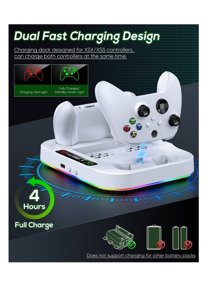 KASTWAVE Cooling Fan Stand for Xbox Series S with RGB Light Strip, Upgraded Dual Controllers Charging Dock Accessories with 2 X 1400mAH Rechargeable Battery Pack, Headset Hook & USB Ports, White - Image 5