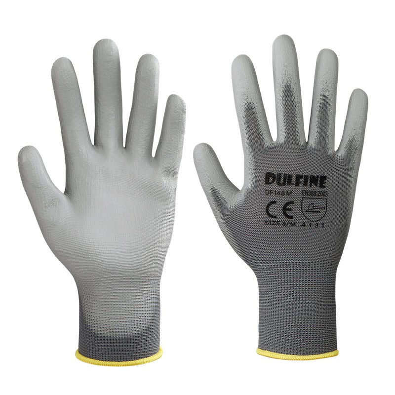DULFINE قفازات عمل Dulfine للرجال مطلية بالبولي يوريثان، 60 زوجًا من القفازات المحبوكة باللون الرمادي والأصفر مع قبضة ناعمة مطلية بالبولي يوريثين الرقيقة على راحة اليد والأصابع، مثالية للعمل العام (صغير) - Image 2