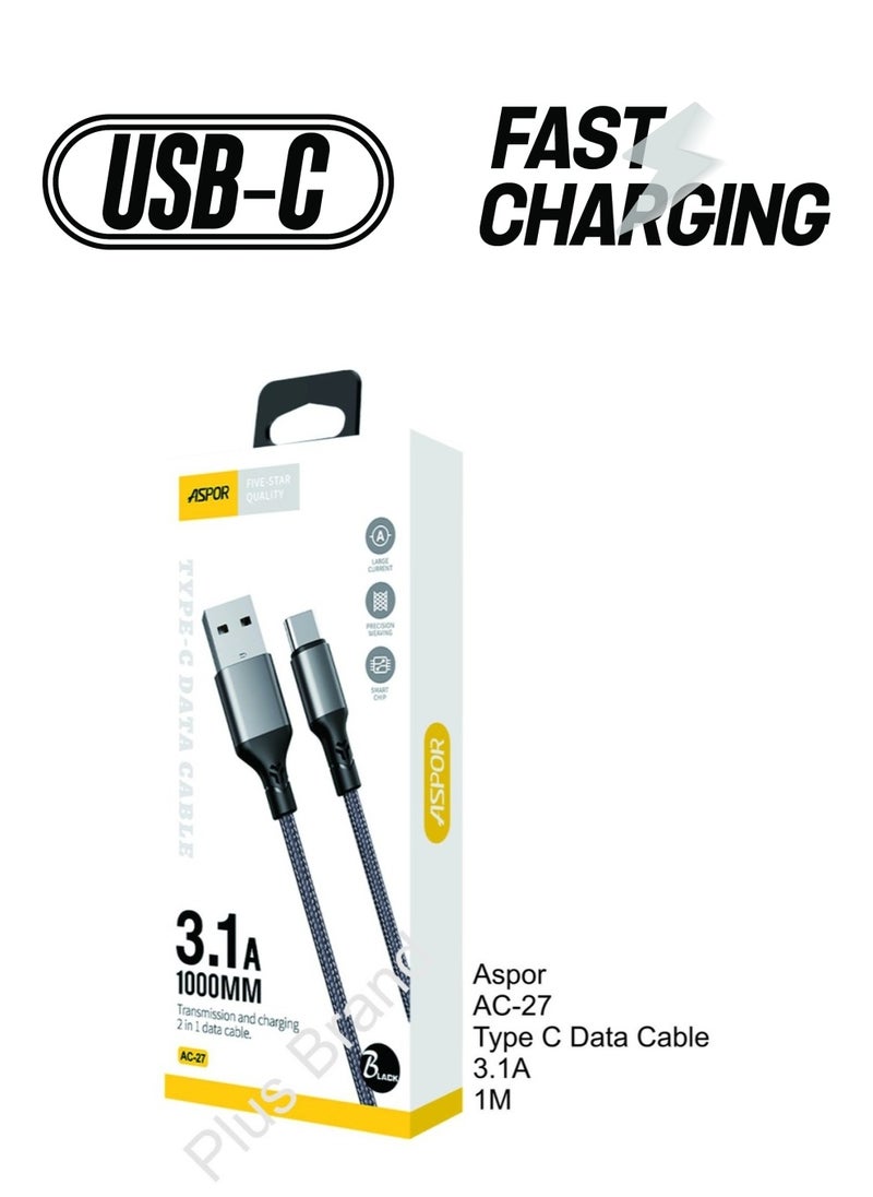 أسبور Aspor AC-27 3.1A Fast Charge ، كابل الشحن من النوع C ، 