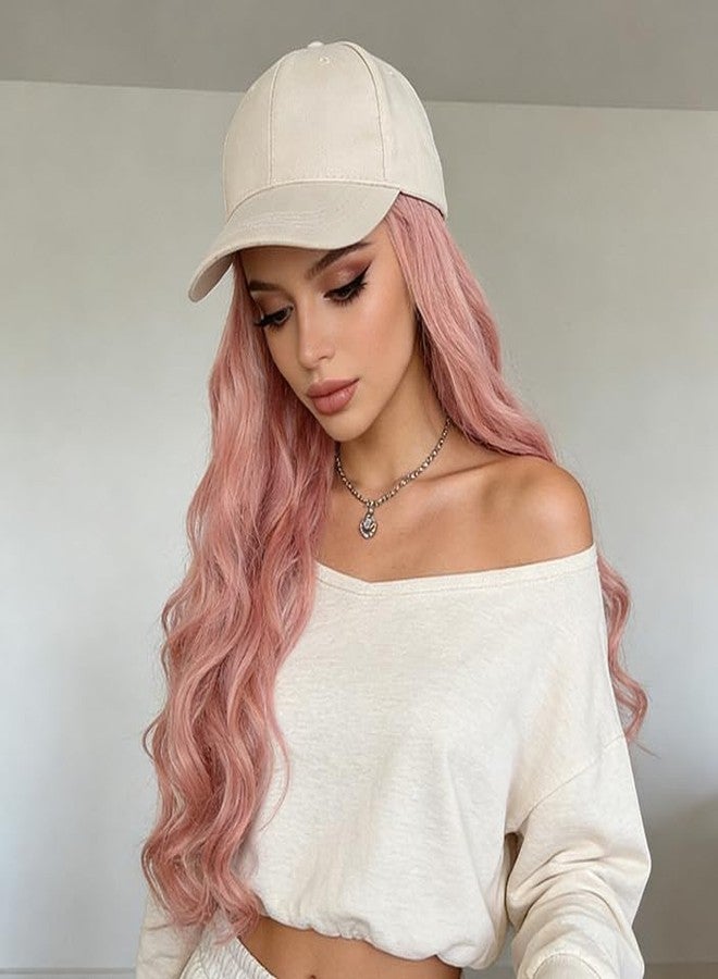BXT Women's Long Pink Curly Wig Cap With Baseball Cap Beige Hat Wig for Party Dress Up Accessory Daily Wear - Image 2