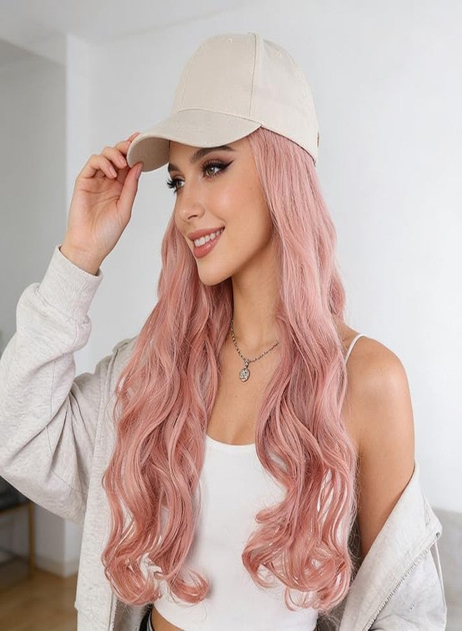 BXT Women's Long Pink Curly Wig Cap With Baseball Cap Beige Hat Wig for Party Dress Up Accessory Daily Wear - Image 3