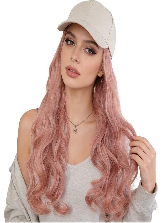 BXT Women's Long Pink Curly Wig Cap With Baseball Cap Beige Hat Wig for Party Dress Up Accessory Daily Wear - Image 1