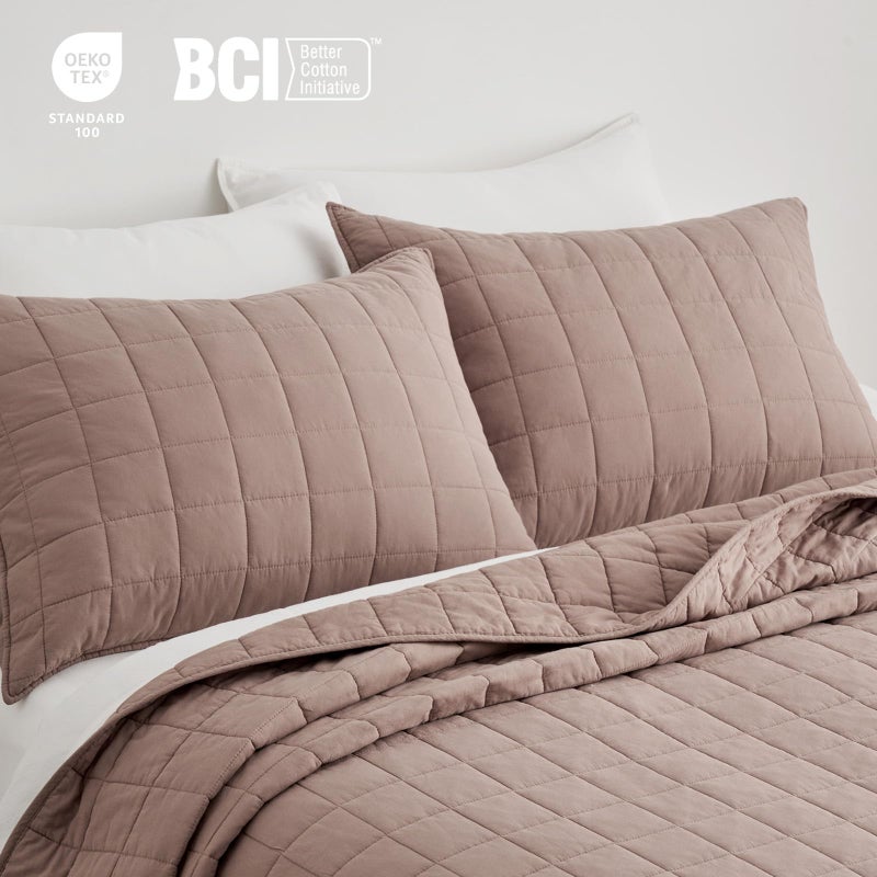 EVERGRACEHOME 100% Cotton Box Stitch Quilt Bedding Set Queen Size 3 Pieces, Garment-Washed Lightweight Soft Cozy Coverlet, Quilted Bedspread Sets with 2 Shams for All Season, Clay - Image 5
