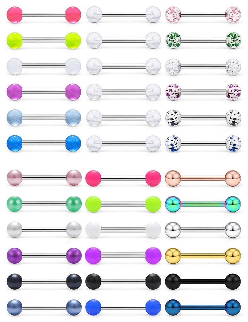 SCERRING 14G Stainless Steel Tongue Barbell Ring Nippleings Nipple Rings Shinny Acrylic Glow in Dark Opal Gilitter Balls Cartilage Body Piercing Jewelry Retainer 16mm 36PCS - Image 1