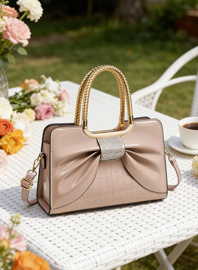 Take Two Beige Croc-Embossed Bow Handbag