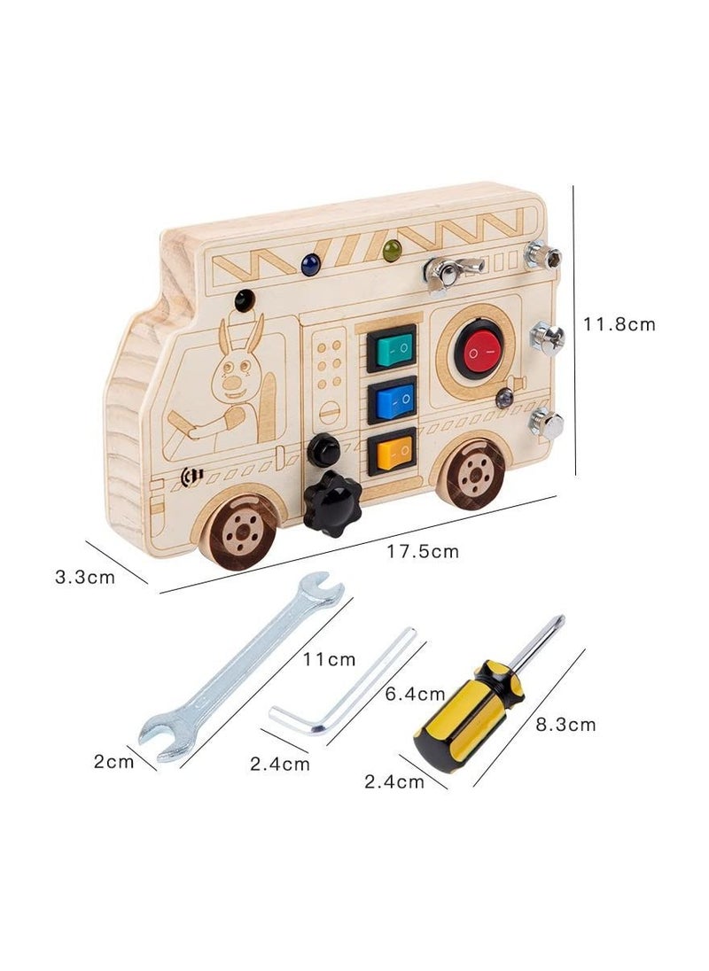 SYOSI - 3-in-1 Busy Board with LED Light, Montessori Busy Board with Screwdriver Mini Set, Fire truck Fine Motor Skills Toys, Car Busy Board Wooden, with Buttons to Push Wooden Toys, Square Circuit Board - Image 1