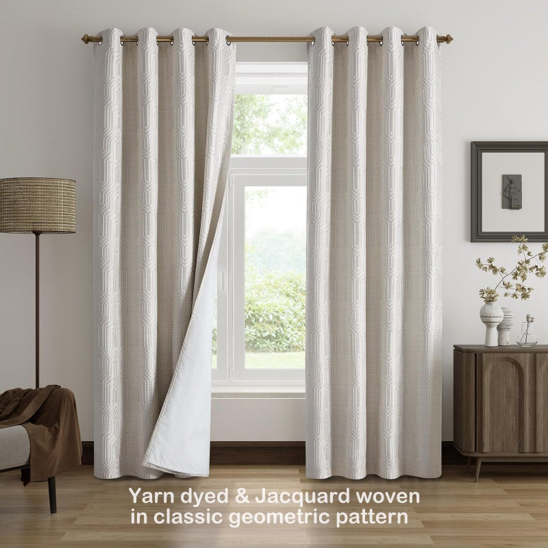 Drapexpert Beige and Silvery 100% Blackout Geometric Pattern Curtains,52 Inch Wide 96 Inches Long 2 Panels, Thermal Insulated Noise Reducing Anti-Rust Grommet Drapes for Bedroom Living Room, Cream - Image 2