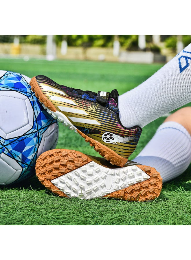 Double Star Eight Double Star Bate Kids Soccer Shoes Studded Cleats Boys Girls Primary School Professional Match Velcro Tf Training Shoes Black White Gold Size 39 - Image 1