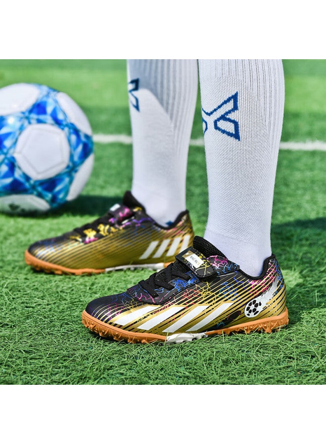 Double Star Eight Double Star Bate Kids Soccer Shoes Studded Cleats Boys Girls Primary School Professional Match Velcro Tf Training Shoes Black White Gold Size 39 - Image 2