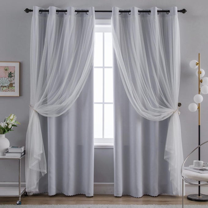 Anytime Home Curtains Blackout and Sheer Layered Solid Window Curtain Panel Pair with Grommet Top 52Wx84LGreyish White