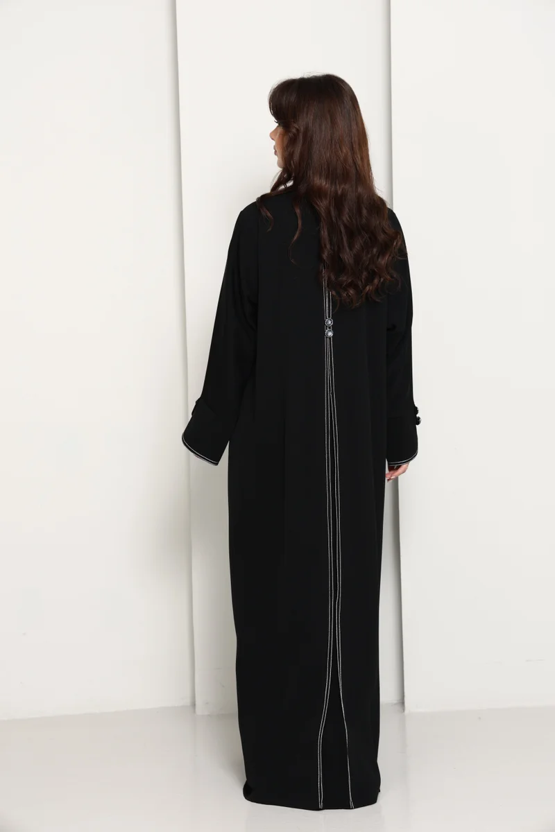 MSquare Fashion  Jet Black Open Abaya with Tailored Lapel & Contrast Stitch Detailing for Women | Best Price UAE