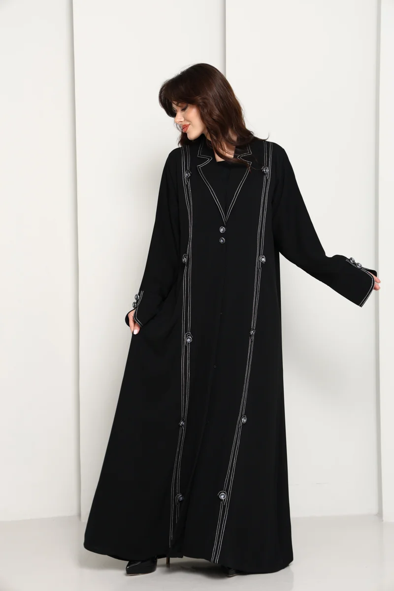 MSquare Fashion  Jet Black Open Abaya with Tailored Lapel & Contrast Stitch Detailing for Women | Best Price UAE