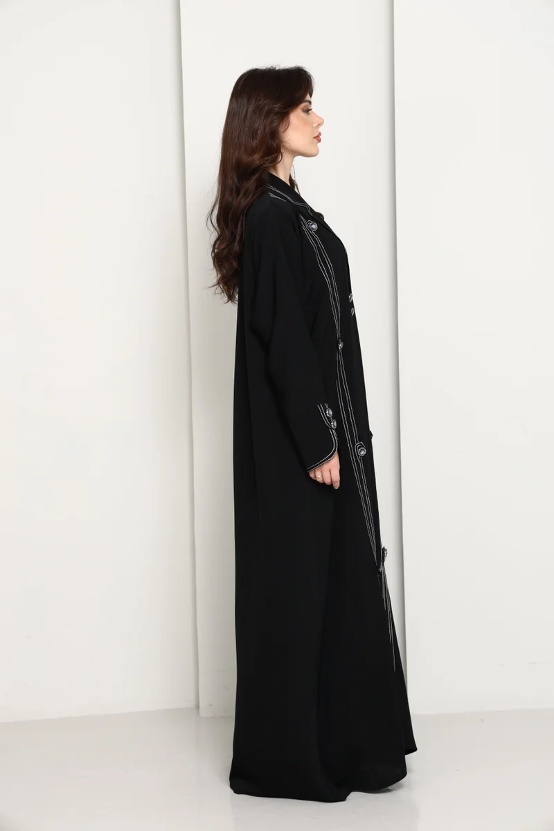MSquare Fashion  Jet Black Open Abaya with Tailored Lapel & Contrast Stitch Detailing for Women | Best Price UAE