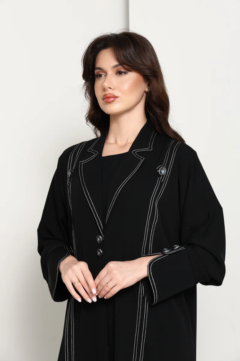 MSquare Fashion  Jet Black Open Abaya with Tailored Lapel & Contrast Stitch Detailing for Women | Best Price UAE