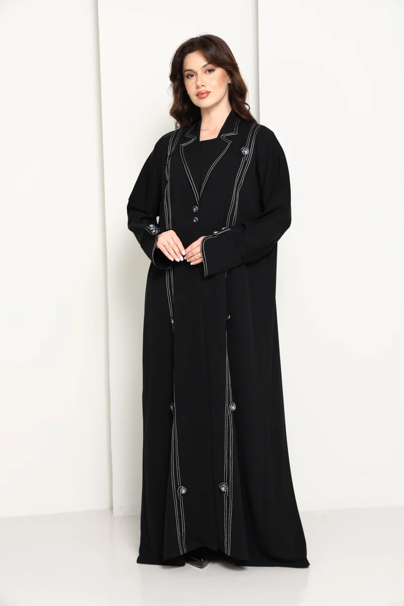 MSquare Fashion  Jet Black Open Abaya with Tailored Lapel & Contrast Stitch Detailing for Women | Best Price UAE