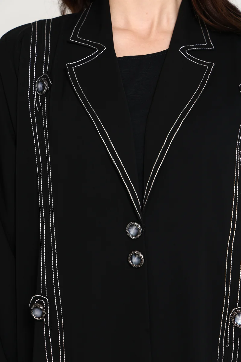 MSquare Fashion  Jet Black Open Abaya with Tailored Lapel & Contrast Stitch Detailing for Women | Best Price UAE