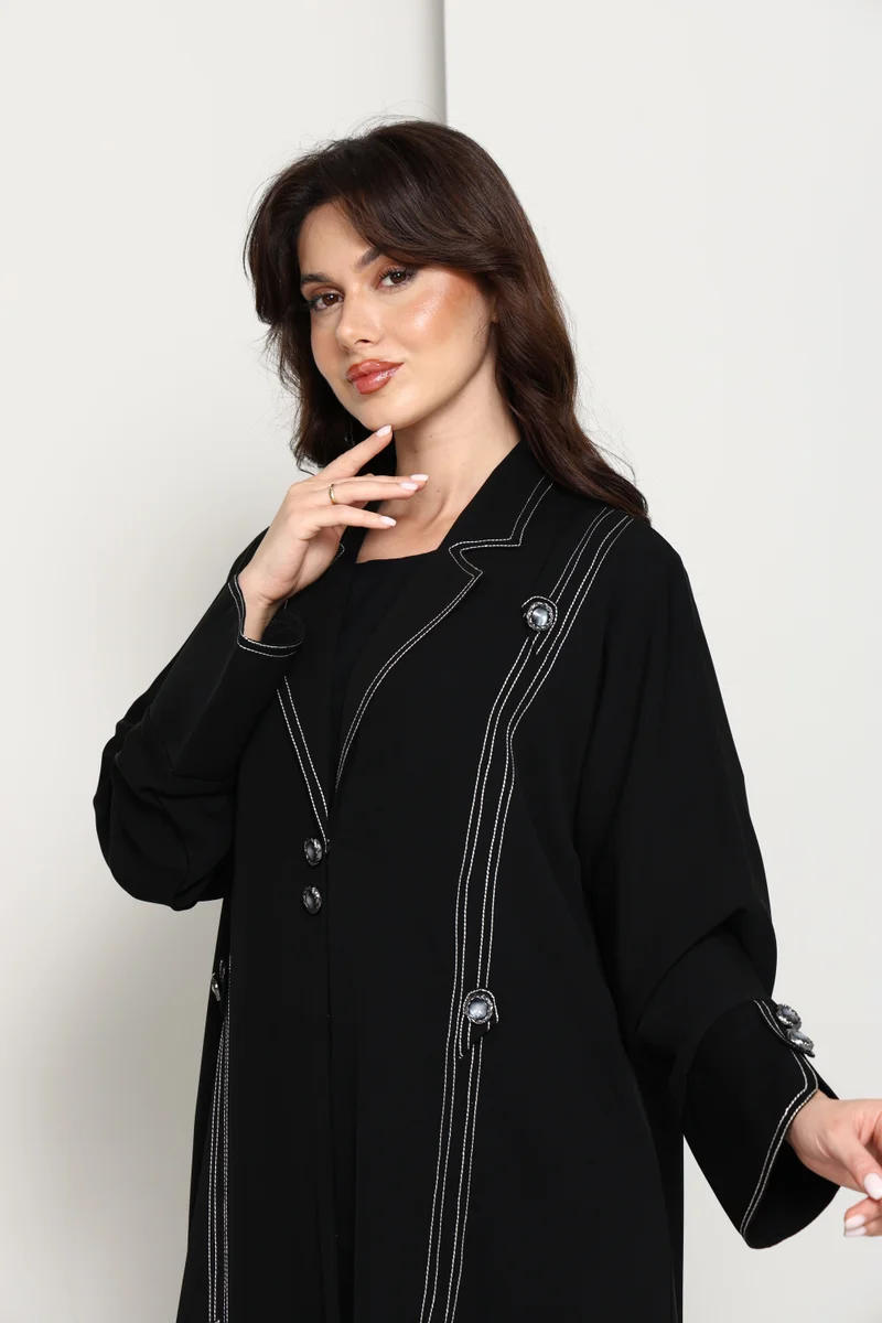 MSquare Fashion  Jet Black Open Abaya with Tailored Lapel & Contrast Stitch Detailing for Women | Best Price UAE