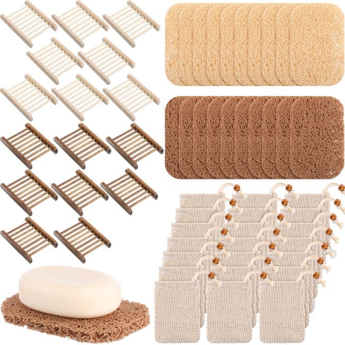 60 PCS SOAP SAVER SET INCLUDING WOODEN DISH EXFOLIATING BAG SAVER PADS BULK WITH SELF DRAIN BAR SOAP HOLDER MESH BAG FOR SHOWER BATH HOME TOILET KITCHEN HOTEL RESTAURANT