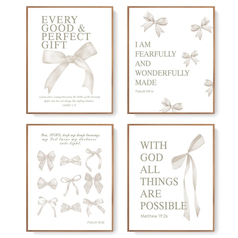 LARTSFRO Coquette Beige Bow Christian Wall Art Decor Posters, Beige Bow Christian Room Bedroom Bathroom Dorm Wall Art Decor Aesthetic for Women College Teen Girls Gifts, Inspirational Bible Verses Bow Wall Decor, 10x8 Inch Set of 4 Pcs Bow Pictures (UNFRAMED) - Image 1