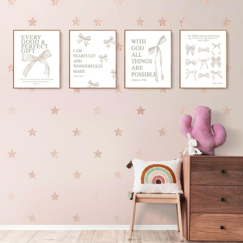 LARTSFRO Coquette Beige Bow Christian Wall Art Decor Posters, Beige Bow Christian Room Bedroom Bathroom Dorm Wall Art Decor Aesthetic for Women College Teen Girls Gifts, Inspirational Bible Verses Bow Wall Decor, 10x8 Inch Set of 4 Pcs Bow Pictures (UNFRAMED) - Image 3