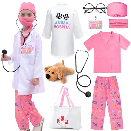 GC Kids Veterinarian Costume Toddler Doctor Kit Scrubs Doctor Vet Costume Play Set Boys Girls Halloween Dress Up Career Day Pink 140 810Y - Image 1