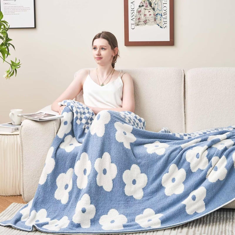 XIBLC Checkered Throw Blanket, Dusty Blue Super Soft Knit Breathable Throw Blanket, Cozy Fluffy Reversible Checkerboard Flower Fuzzy Blanket for Couch Sofa Bed Living Room Decor 50 x 60 inch - Image 2
