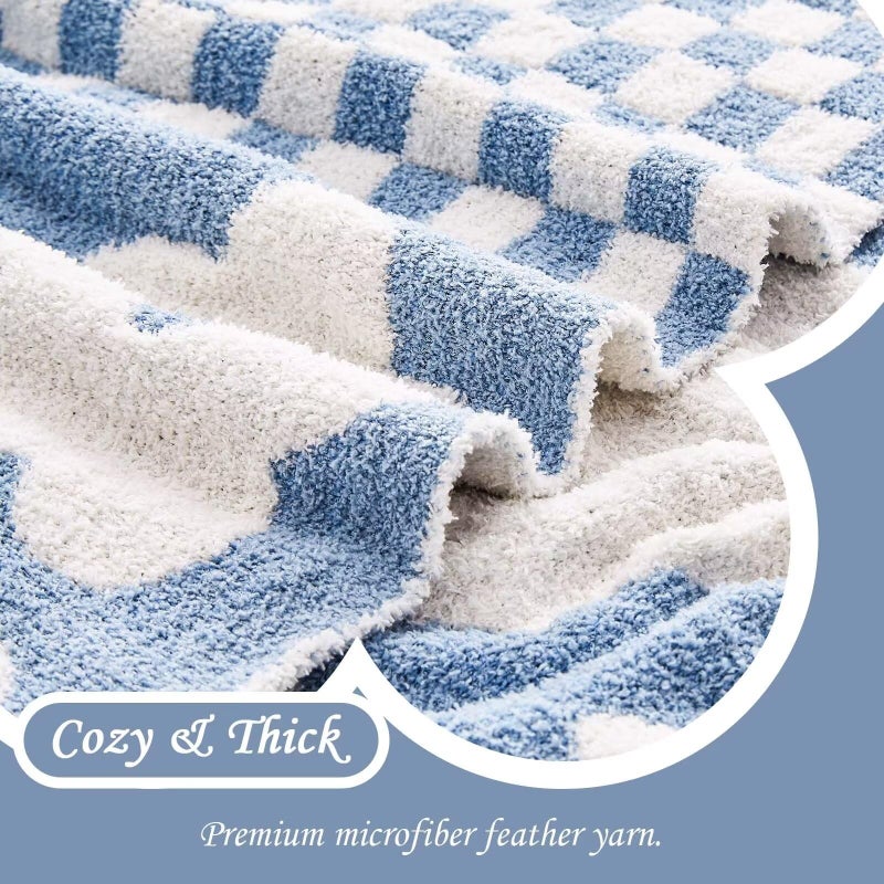 XIBLC Checkered Throw Blanket, Dusty Blue Super Soft Knit Breathable Throw Blanket, Cozy Fluffy Reversible Checkerboard Flower Fuzzy Blanket for Couch Sofa Bed Living Room Decor 50 x 60 inch - Image 5