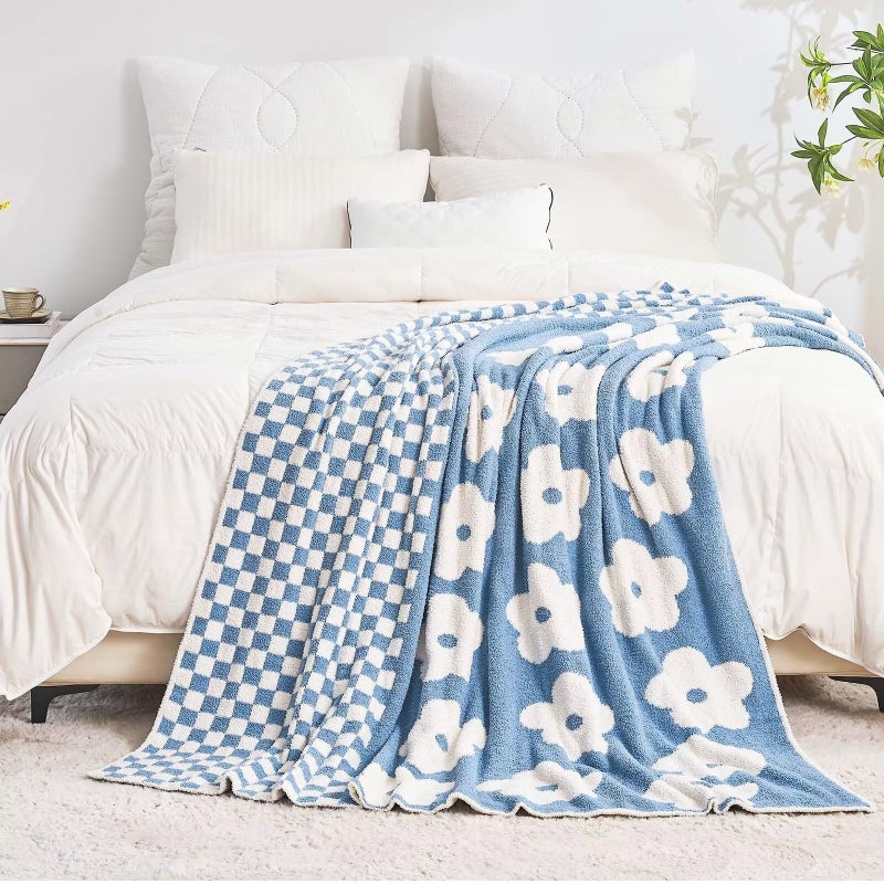 XIBLC Checkered Throw Blanket, Dusty Blue Super Soft Knit Breathable Throw Blanket, Cozy Fluffy Reversible Checkerboard Flower Fuzzy Blanket for Couch Sofa Bed Living Room Decor 50 x 60 inch - Image 4