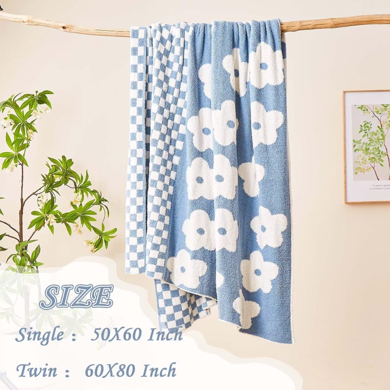 XIBLC Checkered Throw Blanket, Dusty Blue Super Soft Knit Breathable Throw Blanket, Cozy Fluffy Reversible Checkerboard Flower Fuzzy Blanket for Couch Sofa Bed Living Room Decor 50 x 60 inch - Image 3