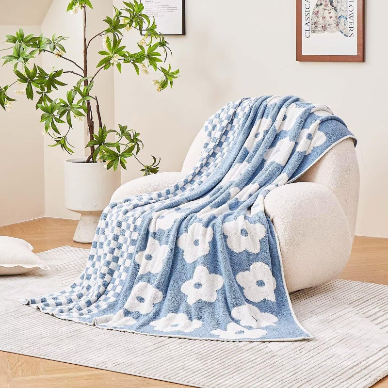 XIBLC Checkered Throw Blanket, Dusty Blue Super Soft Knit Breathable Throw Blanket, Cozy Fluffy Reversible Checkerboard Flower Fuzzy Blanket for Couch Sofa Bed Living Room Decor 50 x 60 inch - Image 1