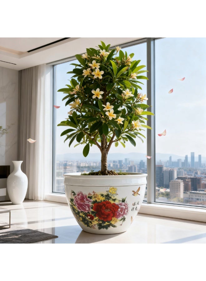 وعاء زهور سيراميكي كبير 64×40 سم مزين برسومات يدوية للفاوانيا والطيور – مزهرية زخرفية فاخرة للحديقة والمنزل بتصميم شرقي كلاسيكي - Image 2