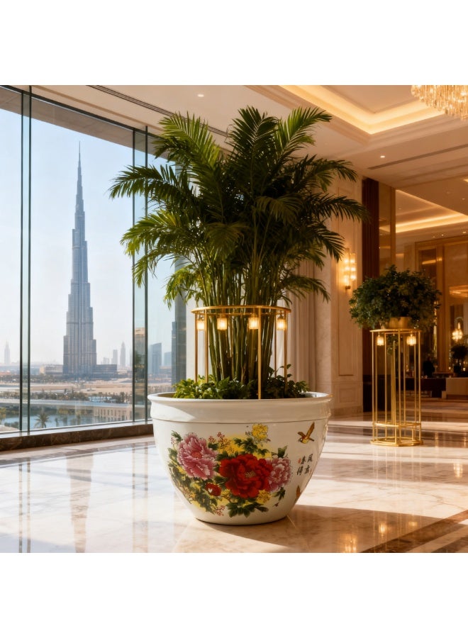 وعاء زهور سيراميكي كبير 64×40 سم مزين برسومات يدوية للفاوانيا والطيور – مزهرية زخرفية فاخرة للحديقة والمنزل بتصميم شرقي كلاسيكي - Image 1