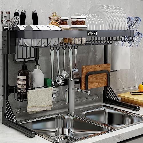 VNKZI Over Sink Dish Drying Rack, 2 Tier Stainless Steel Storage Adjustable Length (25.98'' to 36.61'') Kitchen Rack, Multifunctional Expandable Counter Organizer, Space Saver Dish Rack - Image 1