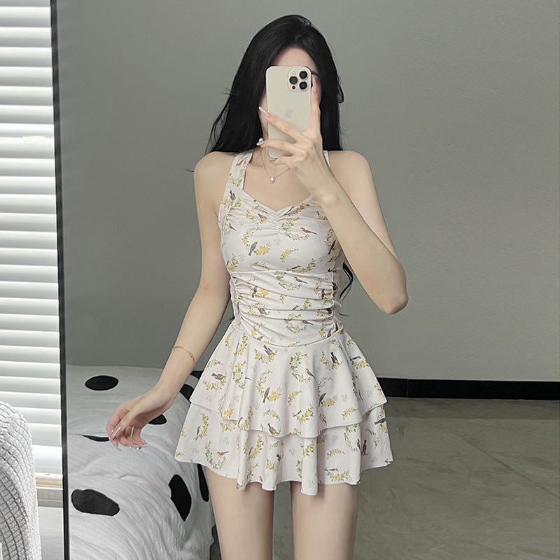 Style Small Fresh Shoulder Strap Conservative Flesh Covering Slim One-Piece Skirt Pure Desire Wind Seaside Po Swimsuit - Image 1