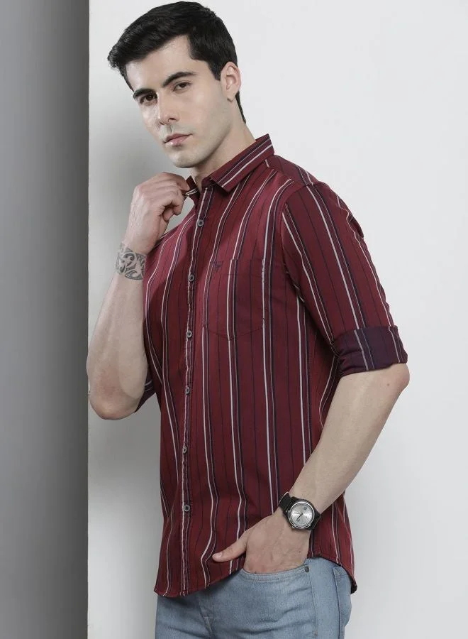 The Indian Garage Co Men Regular Fit Striped Full Sleeves Cutaway Collar Casual Shirt