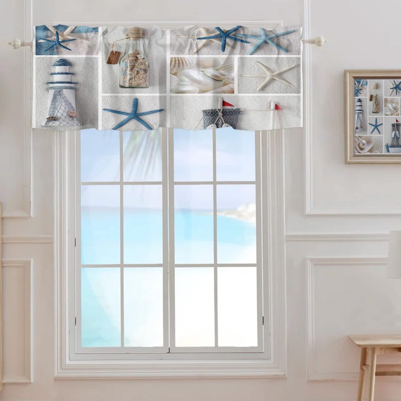 Nautical Valance Curtain for WindowCoastal Lighthouse Starfish Collage Plaid Rod Pocket Kitchen Valances Short Curtain Panel Summer Beach Conch Window Treatment Drape for BathroomBedroomCafe